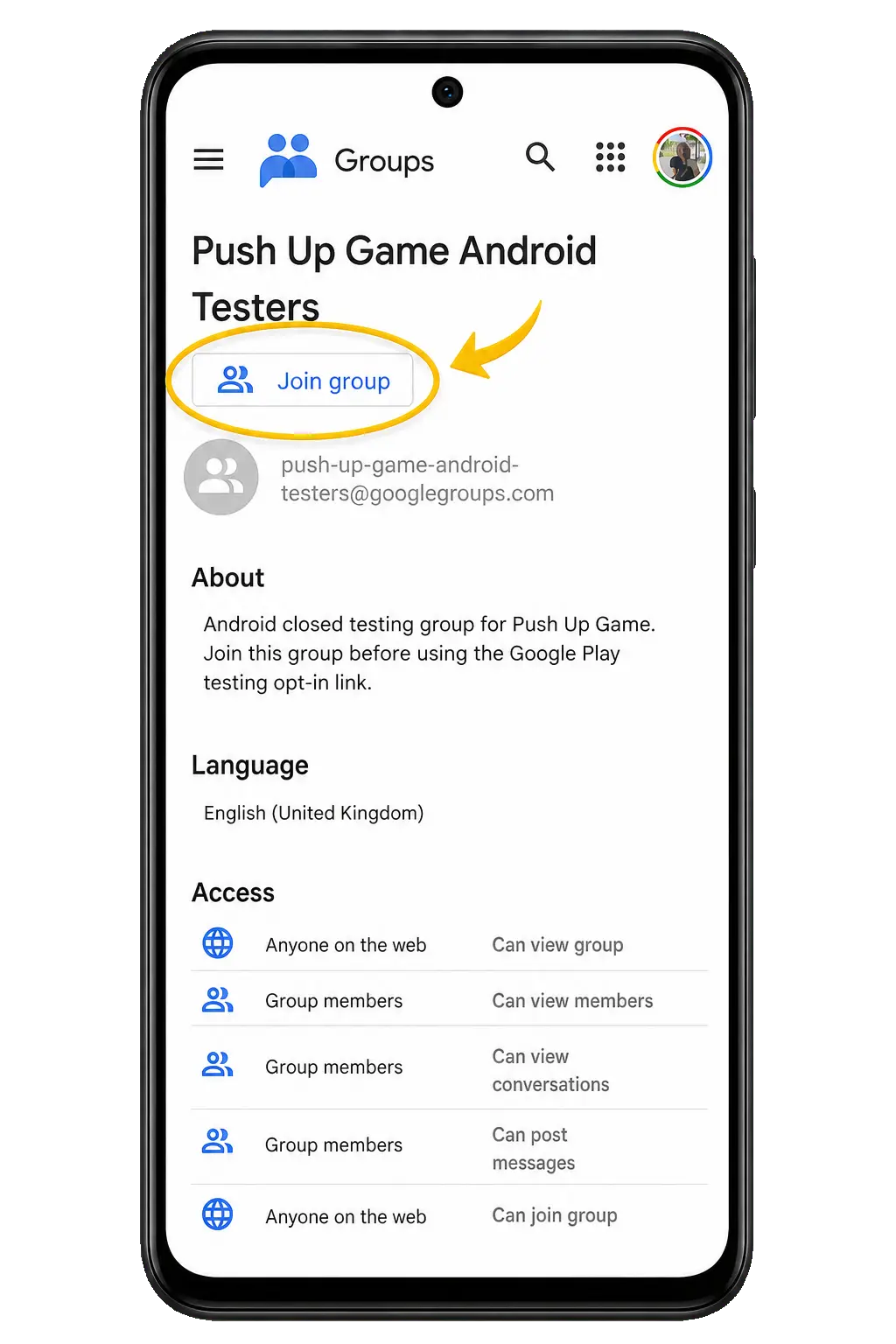 Android phone showing the Push Up Game Android Testers group with Join group highlighted