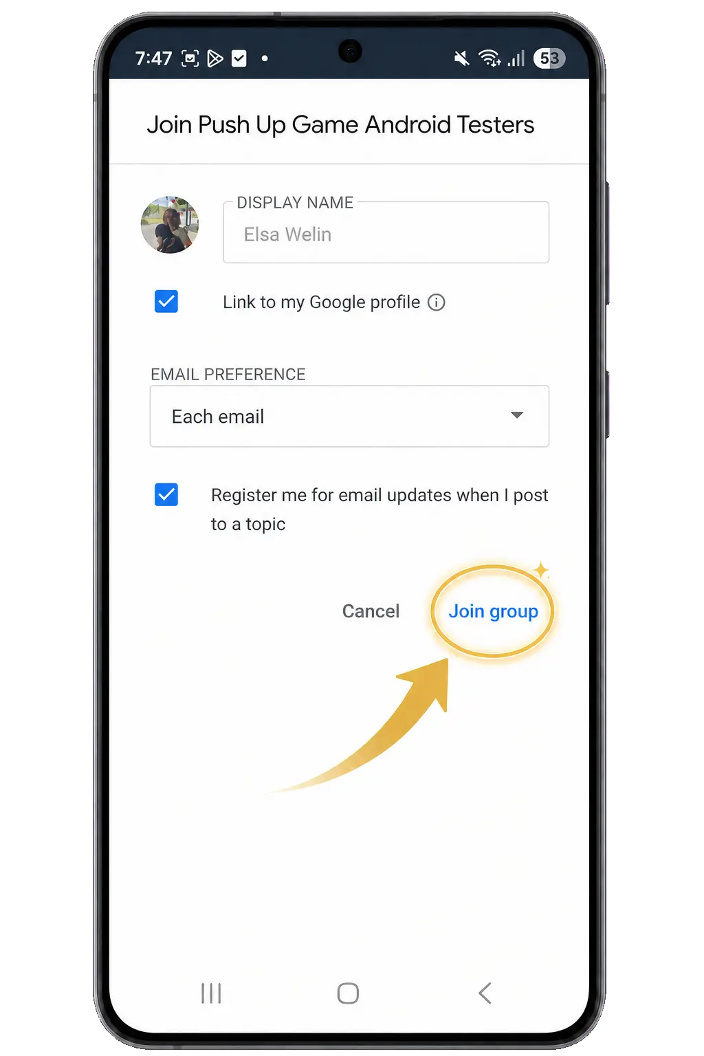 Android phone showing the final Join group confirmation button highlighted