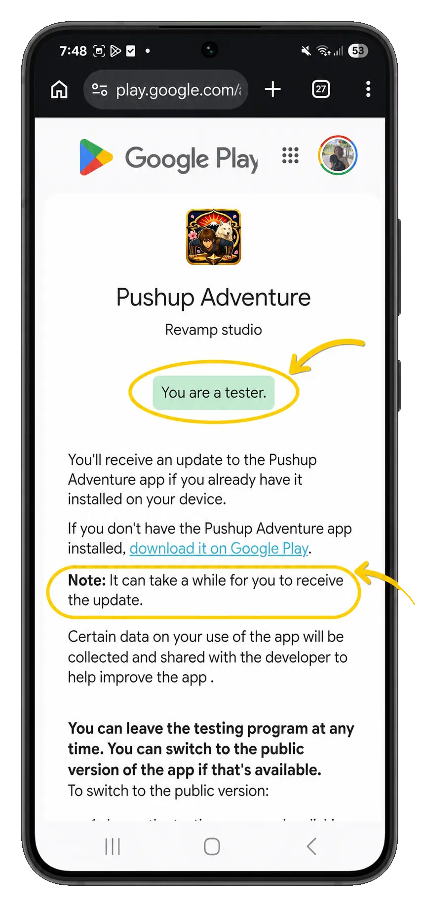 Android phone showing Pushup Adventure in Google Play with You are a tester highlighted